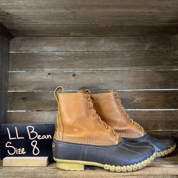 Womens LL Bean Brown Leather Waterproof Unlined Winter‎ Duck Boots Size 8 M GUC - Picture 1 of 5